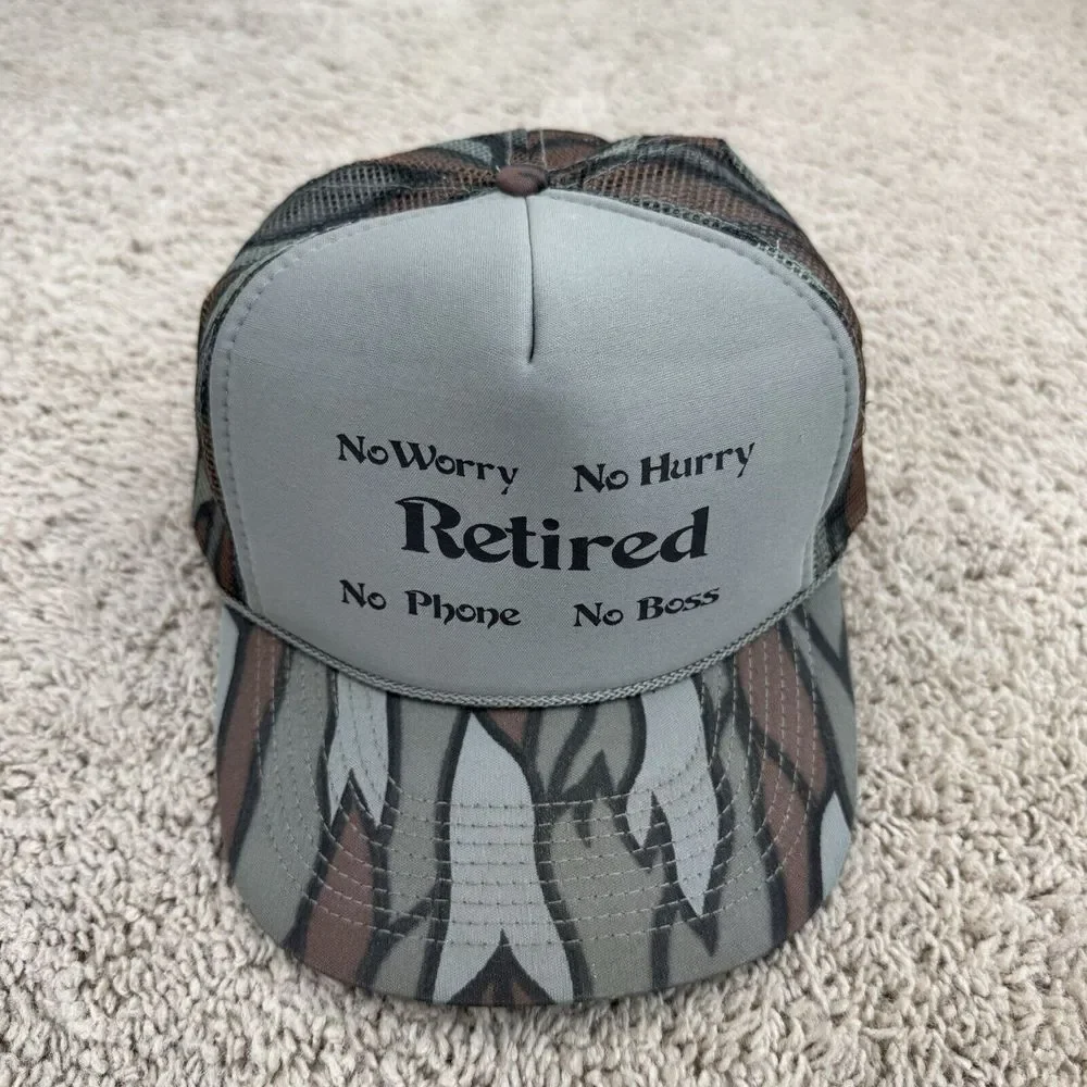 Retired Hat Camo Trucker Snapback No Worry Hurry‎ Phone Boss Vtg Foam Mesh Cap